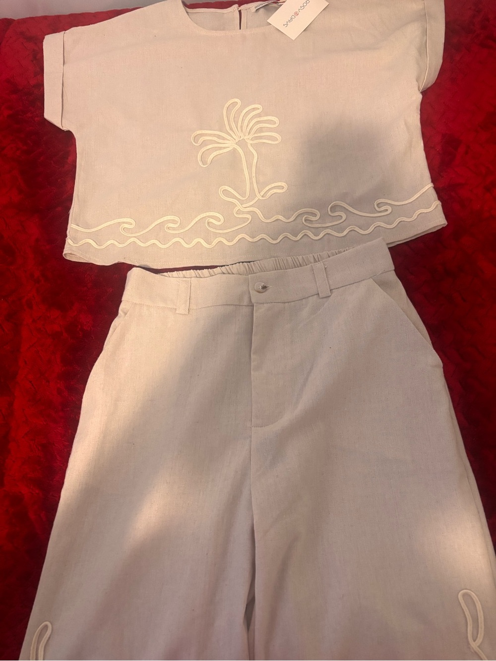 Cream Cropped Top and Wide-Leg Pants Set with Embroidered Palm